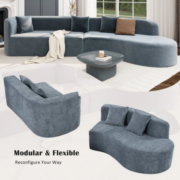 Boneless 132" Modern Sectional Sofa With Curved Design, 2-Piece Chenille Modular Couch With 4 Pillows, Plush Sponge & Spring Cushion, Large Sponge Modular Sofa For Living Room  Wooden Bazar