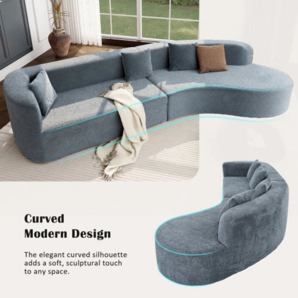 Boneless 132" Modern Sectional Sofa With Curved Design, 2-Piece Chenille Modular Couch With 4 Pillows, Plush Sponge & Spring Cushion, Large Sponge Modular Sofa For Living Room  Wooden Bazar