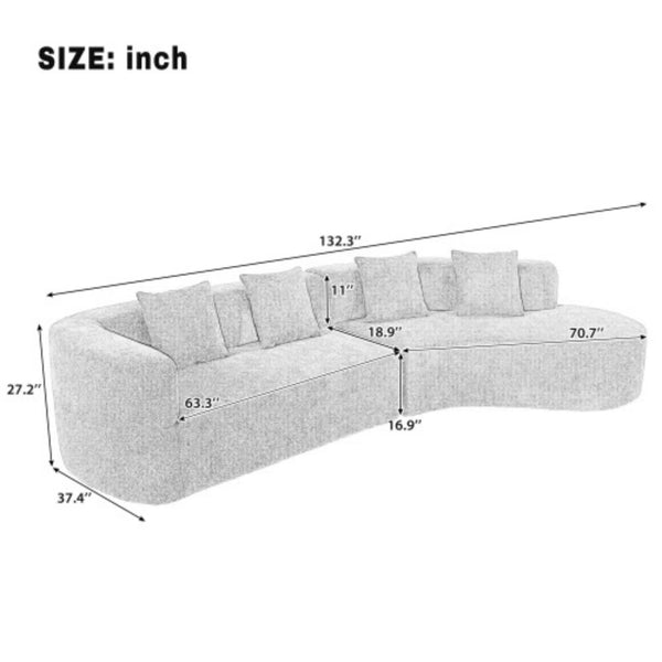 Boneless 132" Modern Sectional Sofa With Curved Design, 2-Piece Chenille Modular Couch With 4 Pillows, Plush Sponge & Spring Cushion, Large Sponge Modular Sofa For Living Room  Wooden Bazar