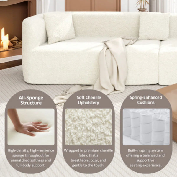 Boneless 132" Modern Sectional Sofa With Curved Design, 2-Piece Chenille Modular Couch With 4 Pillows, Plush Sponge & Spring Cushion, Large Sponge Modular Sofa For Living Room  Wooden Bazar