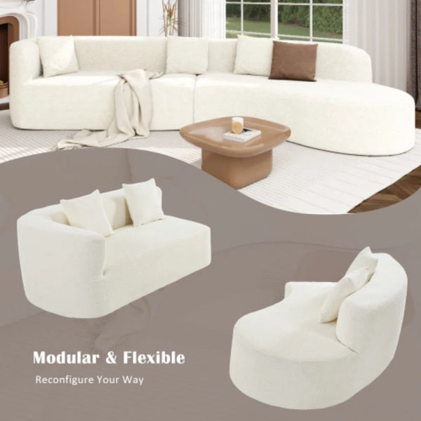 Boneless 132" Modern Sectional Sofa With Curved Design, 2-Piece Chenille Modular Couch With 4 Pillows, Plush Sponge & Spring Cushion, Large Sponge Modular Sofa For Living Room  Wooden Bazar