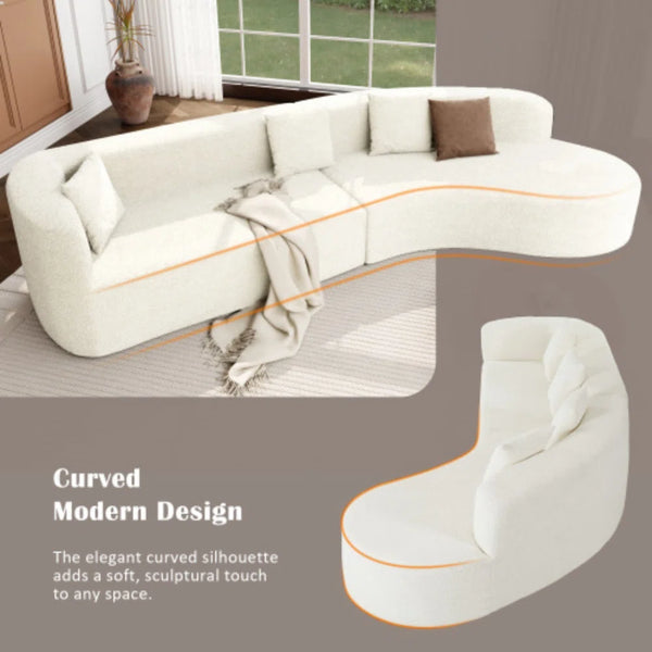 Boneless 132" Modern Sectional Sofa With Curved Design, 2-Piece Chenille Modular Couch With 4 Pillows, Plush Sponge & Spring Cushion, Large Sponge Modular Sofa For Living Room  Wooden Bazar