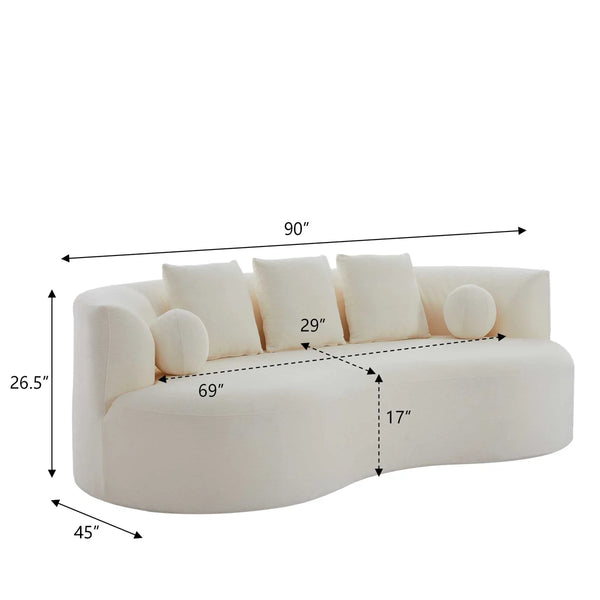 Boneless Orin Mid-Century Modern Boucle Upholstered 3-Seater Compression Sofa with Curved Silhouette  Wooden Bazar