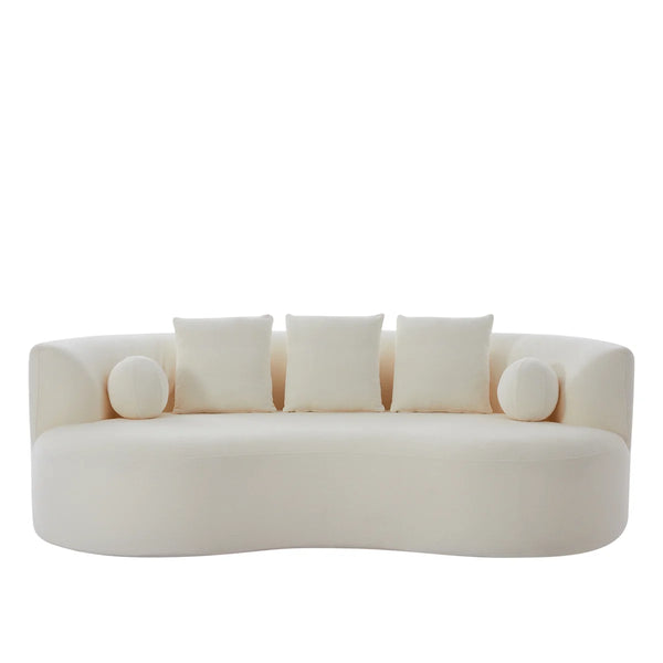 Boneless Orin Mid-Century Modern Boucle Upholstered 3-Seater Compression Sofa with Curved Silhouette  Wooden Bazar