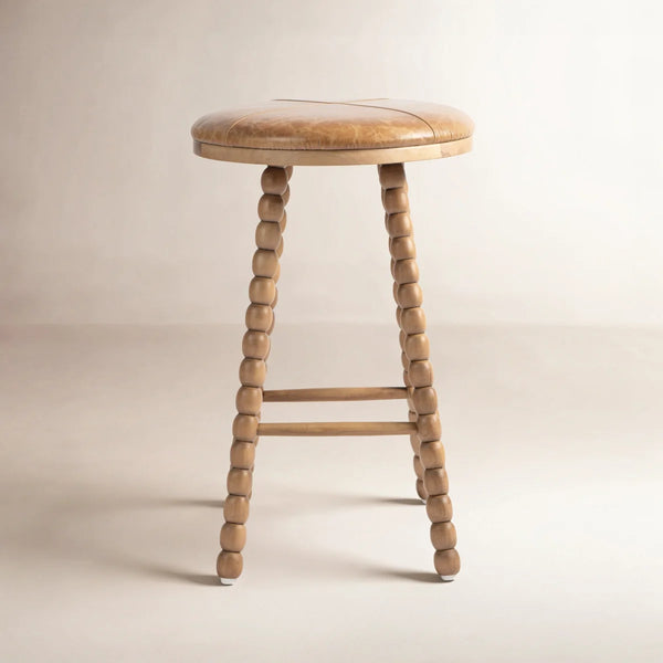 Genuine Leather Upholstered Counter Stool  Wooden Bazar