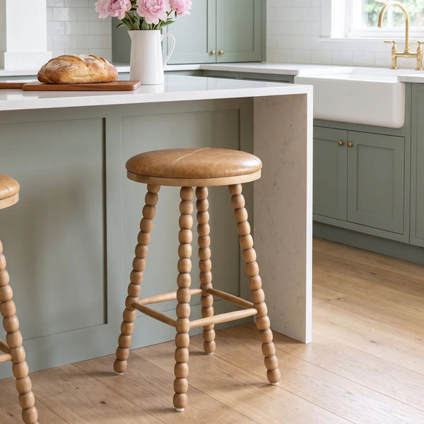 Genuine Leather Upholstered Counter Stool  Wooden Bazar