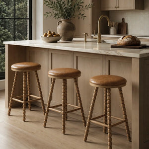 Genuine Leather Upholstered Counter Stool  Wooden Bazar