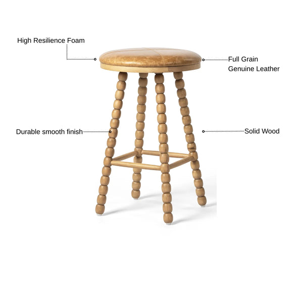 Genuine Leather Upholstered Counter Stool  Wooden Bazar