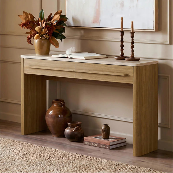 Bramwell  Console Table with Wood Frame and Travertine-Look Top  Wooden Bazar