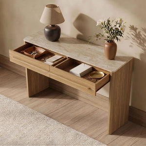 Bramwell  Console Table with Wood Frame and Travertine-Look Top  Wooden Bazar
