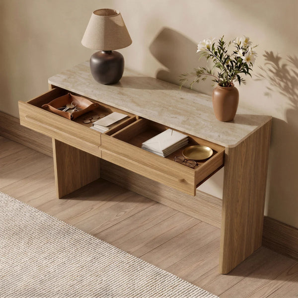 Bramwell  Console Table with Wood Frame and Travertine-Look Top  Wooden Bazar
