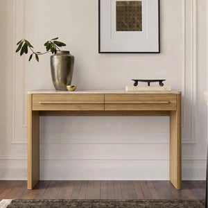 Bramwell  Console Table with Wood Frame and Travertine-Look Top  Wooden Bazar