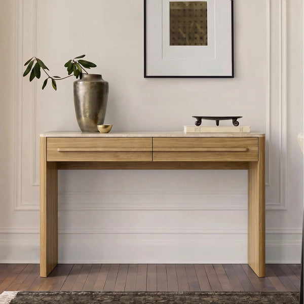 Bramwell  Console Table with Wood Frame and Travertine-Look Top  Wooden Bazar
