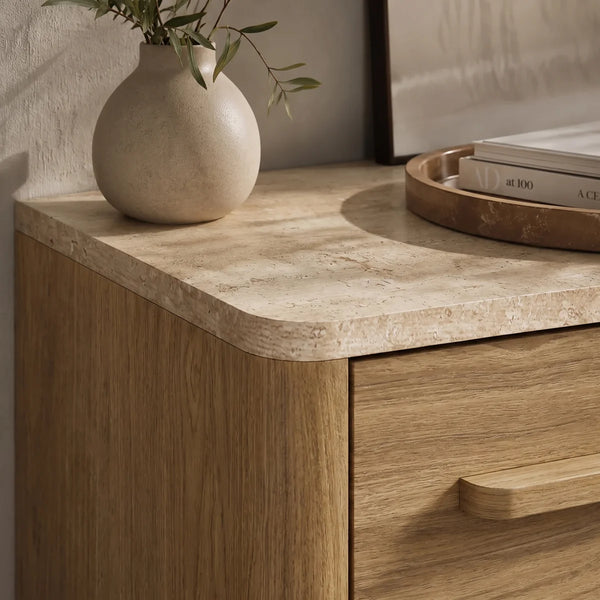 Bramwell  Console Table with Wood Frame and Travertine-Look Top  Wooden Bazar