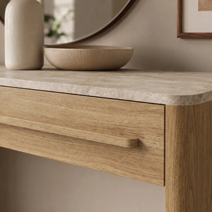 Bramwell  Console Table with Wood Frame and Travertine-Look Top  Wooden Bazar
