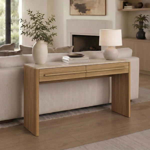 Bramwell  Console Table with Wood Frame and Travertine-Look Top  Wooden Bazar