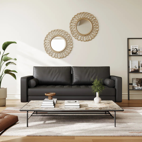 Leather Mid Century Modern Upholstered Square Arm Sofa and Loveseat