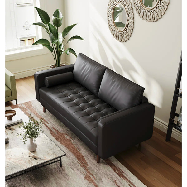 Leather Mid Century Modern Upholstered Square Arm Sofa and Loveseat
