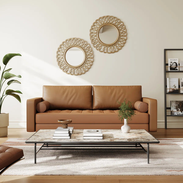 Leather Mid Century Modern Upholstered Square Arm Sofa and Loveseat