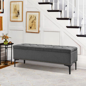 Linen Upholstered Storage Bench - Wooden Bazar