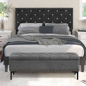 Linen Upholstered Storage Bench - Wooden Bazar
