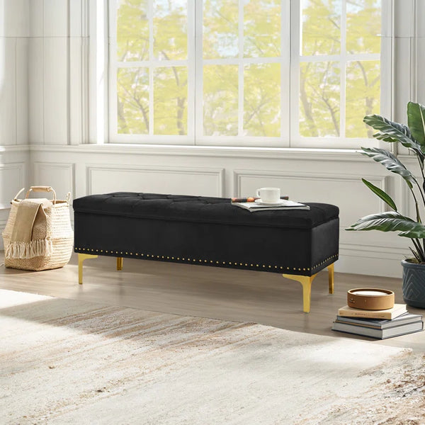 Linen Upholstered Storage Bench - Wooden Bazar