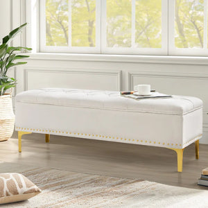 Linen Upholstered Storage Bench - Wooden Bazar