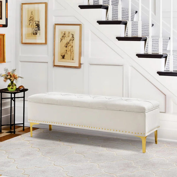Linen Upholstered Storage Bench - Wooden Bazar