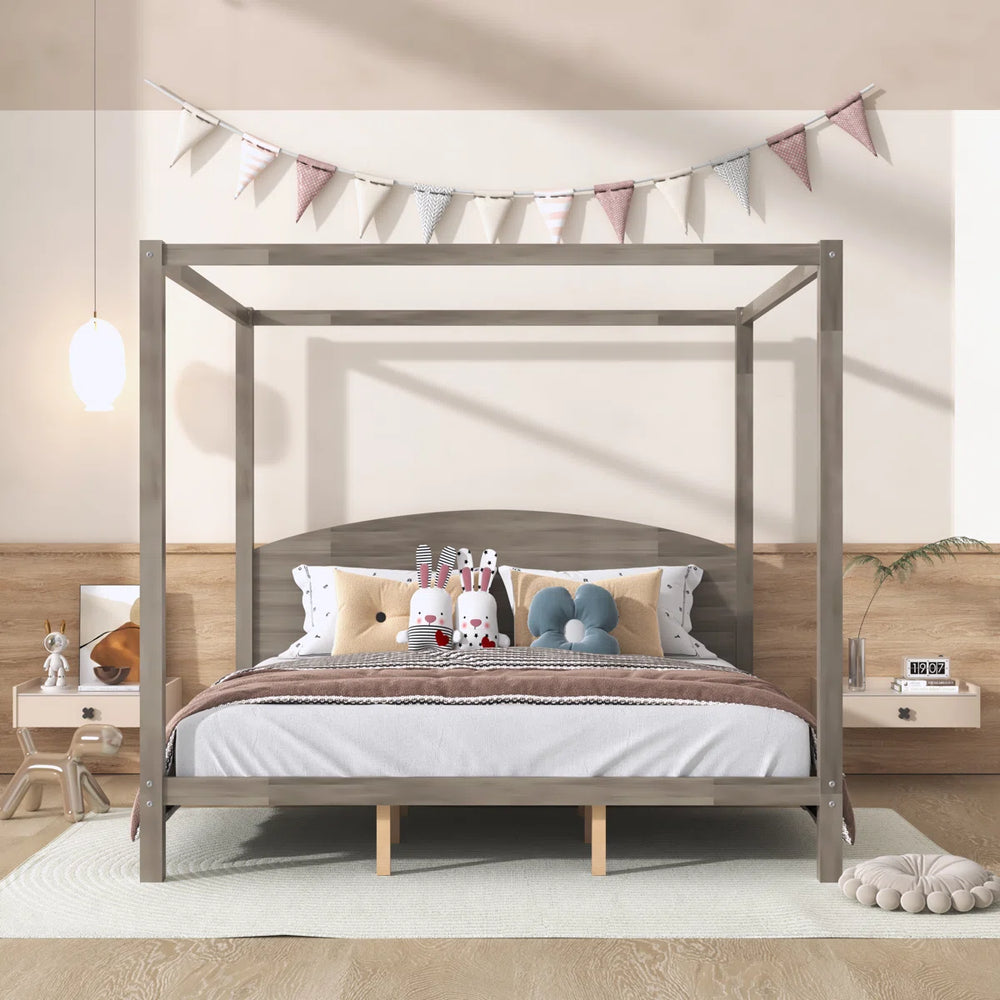 Platform Bed with Headboard and Support Legs - Wooden Bazar