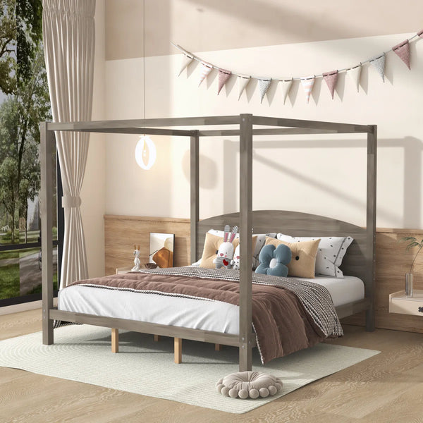 Platform Bed with Headboard and Support Legs - Wooden Bazar