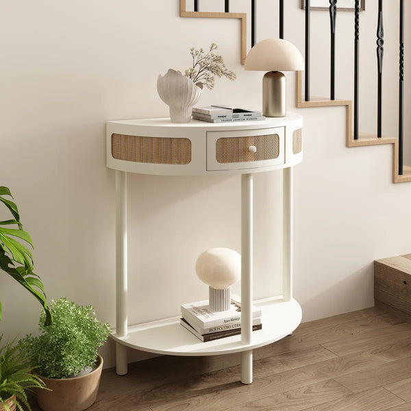 Half-Moon Solid Wood Console Table with Natural Rattan Accents  Wooden Bazar
