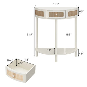 Half-Moon Solid Wood Console Table with Natural Rattan Accents  Wooden Bazar