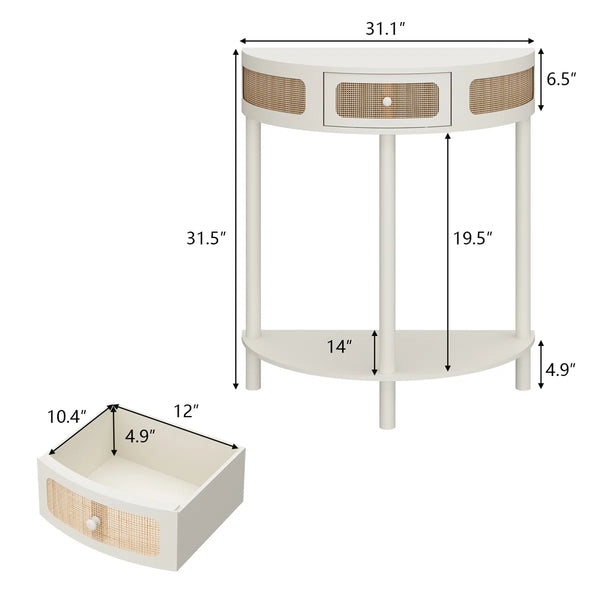 Half-Moon Solid Wood Console Table with Natural Rattan Accents  Wooden Bazar