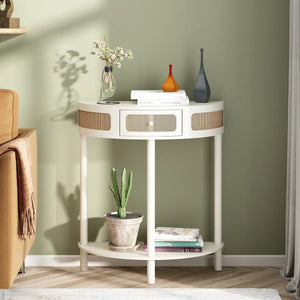 Half-Moon Solid Wood Console Table with Natural Rattan Accents  Wooden Bazar