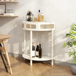 Half-Moon Solid Wood Console Table with Natural Rattan Accents  Wooden Bazar