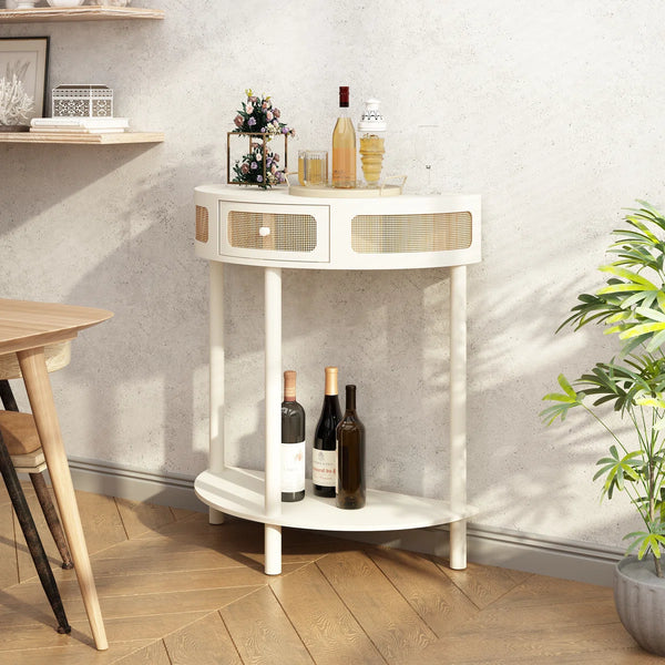 Half-Moon Solid Wood Console Table with Natural Rattan Accents  Wooden Bazar