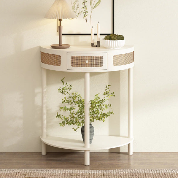 Half-Moon Solid Wood Console Table with Natural Rattan Accents  Wooden Bazar