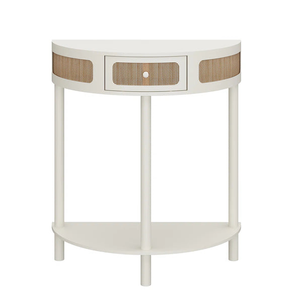 Half-Moon Solid Wood Console Table with Natural Rattan Accents  Wooden Bazar