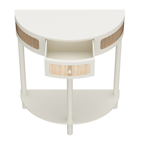 Half-Moon Solid Wood Console Table with Natural Rattan Accents  Wooden Bazar