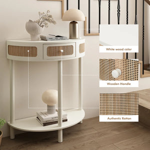 Half-Moon Solid Wood Console Table with Natural Rattan Accents  Wooden Bazar