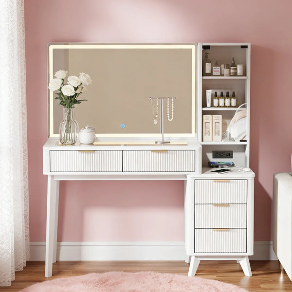 Carsin 48" W Engineered Wood Makeup Vanity with Lighted Mirror  Wooden Bazar
