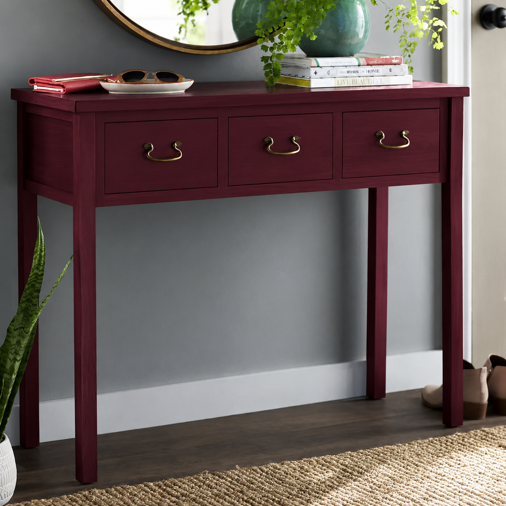 Modern Burgundy Solid Wood 3-Drawer Console Table - Wooden Bazar
