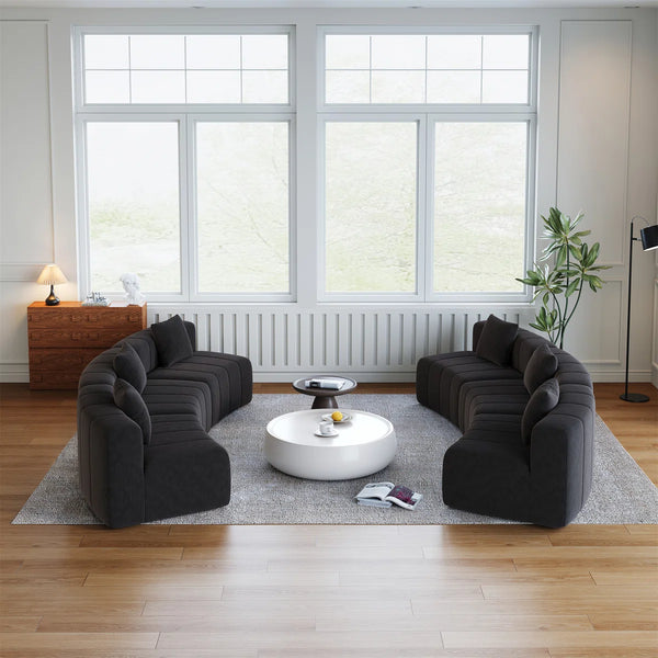 Chenille Curved Sectional Sofa With 6 Pillows  Wooden Bazar