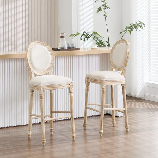 Classic Louis-Style Carved Dining Chair with Cotton Linen Upholstery, Set of 2  Wooden Bazar