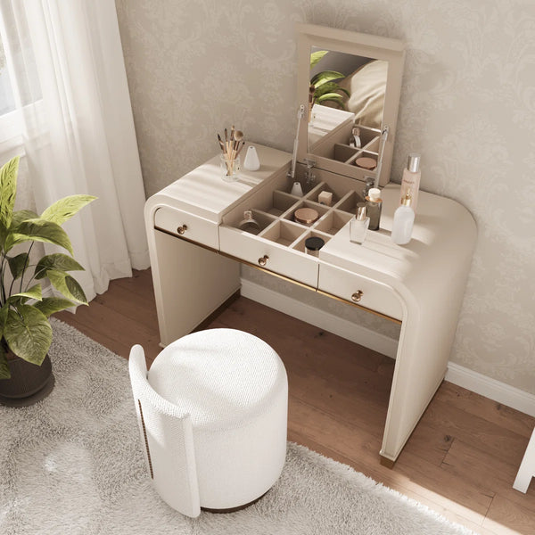 Classic Makeup Vanity With Flip Mirror And 2 Drawers,Makeup Desk With Hidden Storage Space  Wooden Bazar
