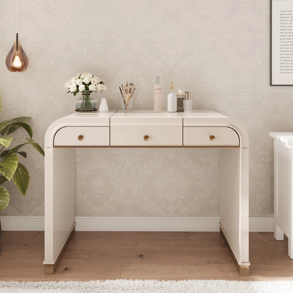 Classic Makeup Vanity With Flip Mirror And 2 Drawers,Makeup Desk With Hidden Storage Space  Wooden Bazar