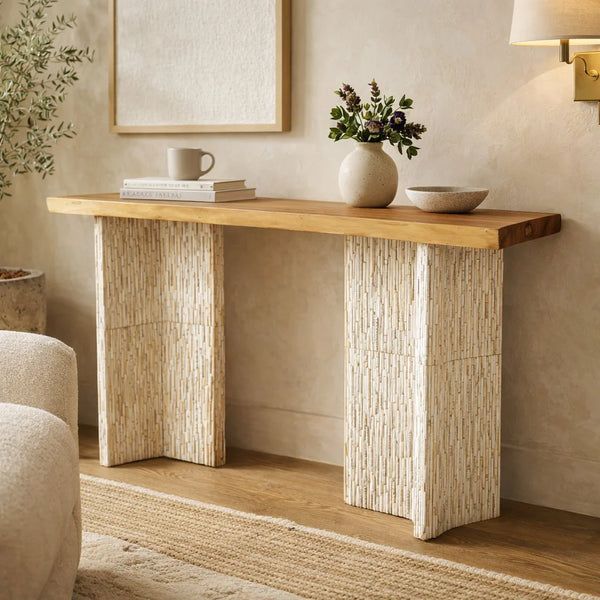 Cole & Grey Handmade Teak Wood Console Table with Brown Finish and Slatted Legs for Living Room & Entryway  Wooden Bazar