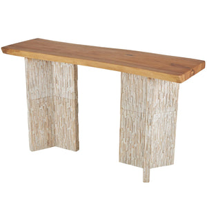 Cole & Grey Handmade Teak Wood Console Table with Brown Finish and Slatted Legs for Living Room & Entryway  Wooden Bazar