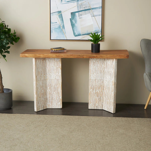 Cole & Grey Handmade Teak Wood Console Table with Brown Finish and Slatted Legs for Living Room & Entryway  Wooden Bazar