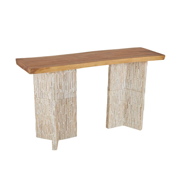 Cole & Grey Handmade Teak Wood Console Table with Brown Finish and Slatted Legs for Living Room & Entryway  Wooden Bazar